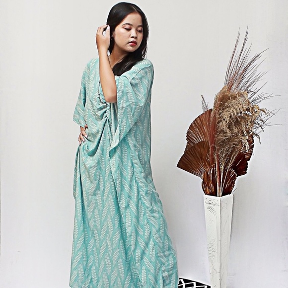 0109/ Pale Teal Leaf Pattern Kaftan, Long Kaftan - Picture 14 of 14
